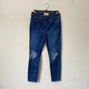 Free People Womens Size 29 Mid-Rise Distressed Dark Wash Skinny Denim Blue Jeans